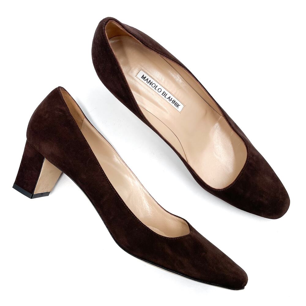Manolo Blahnik Okkatopla Pumps Brown Suede Slip On Low Block Heel Sz‎ 38.5 / 8.5